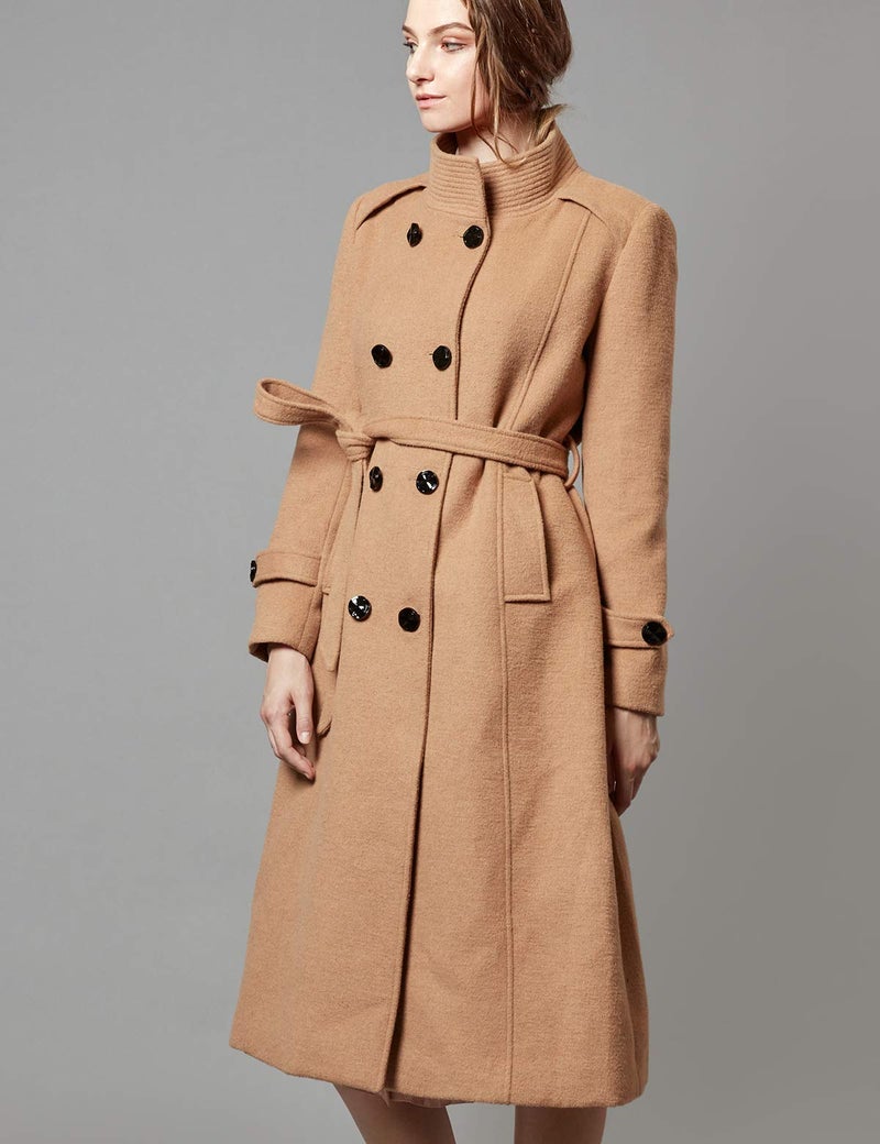 Escalier Women's Wool Trench Coat Winter Double-Breasted Jacket with Belts Camel S - Image 2